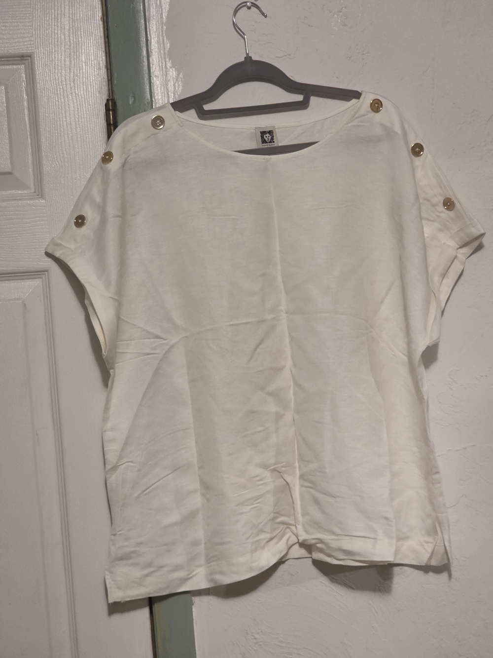 Anne Klein Cream Button-Shoulder Short Sleeve Top